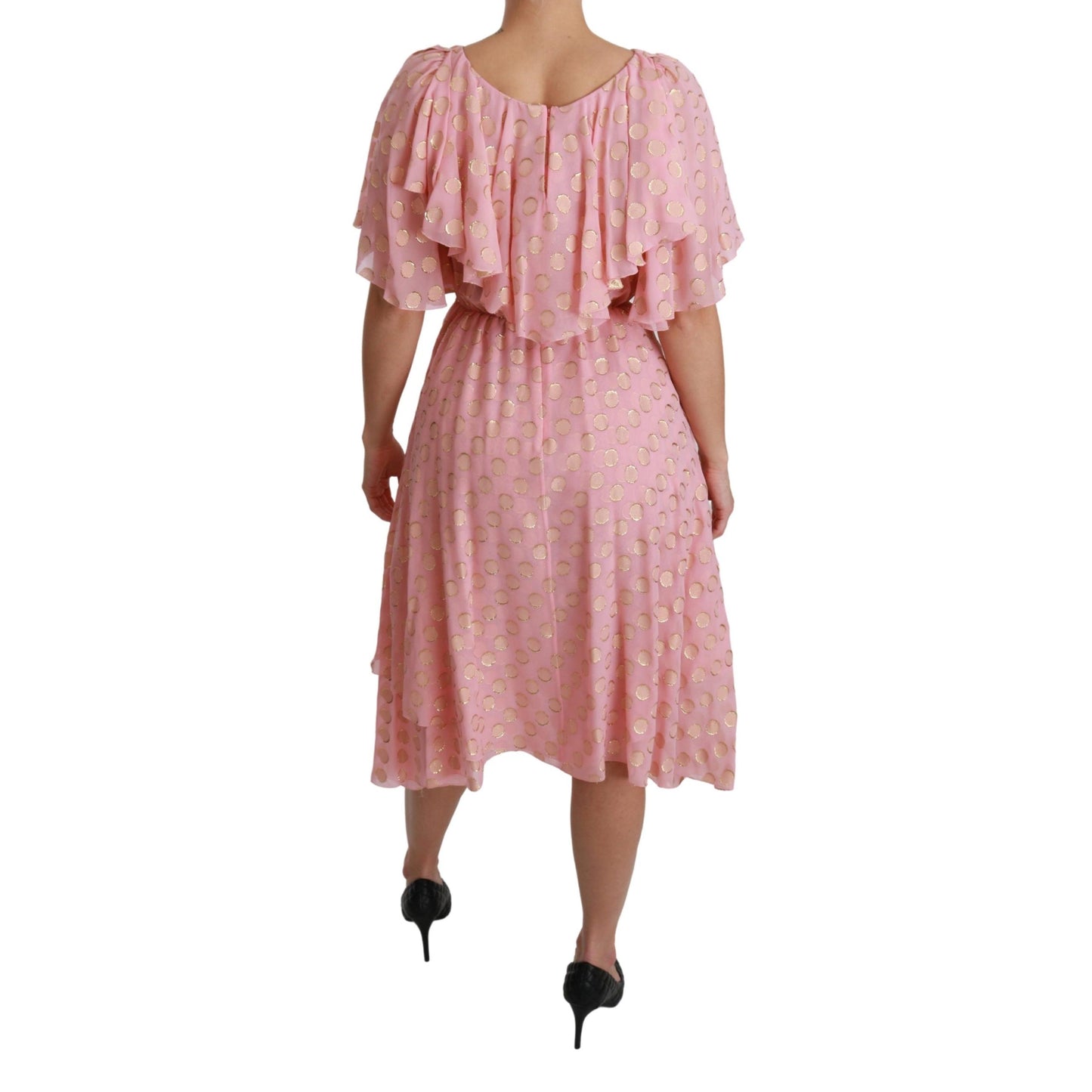 Silk Pink Polka Dots Pleated A-line Midi Dress