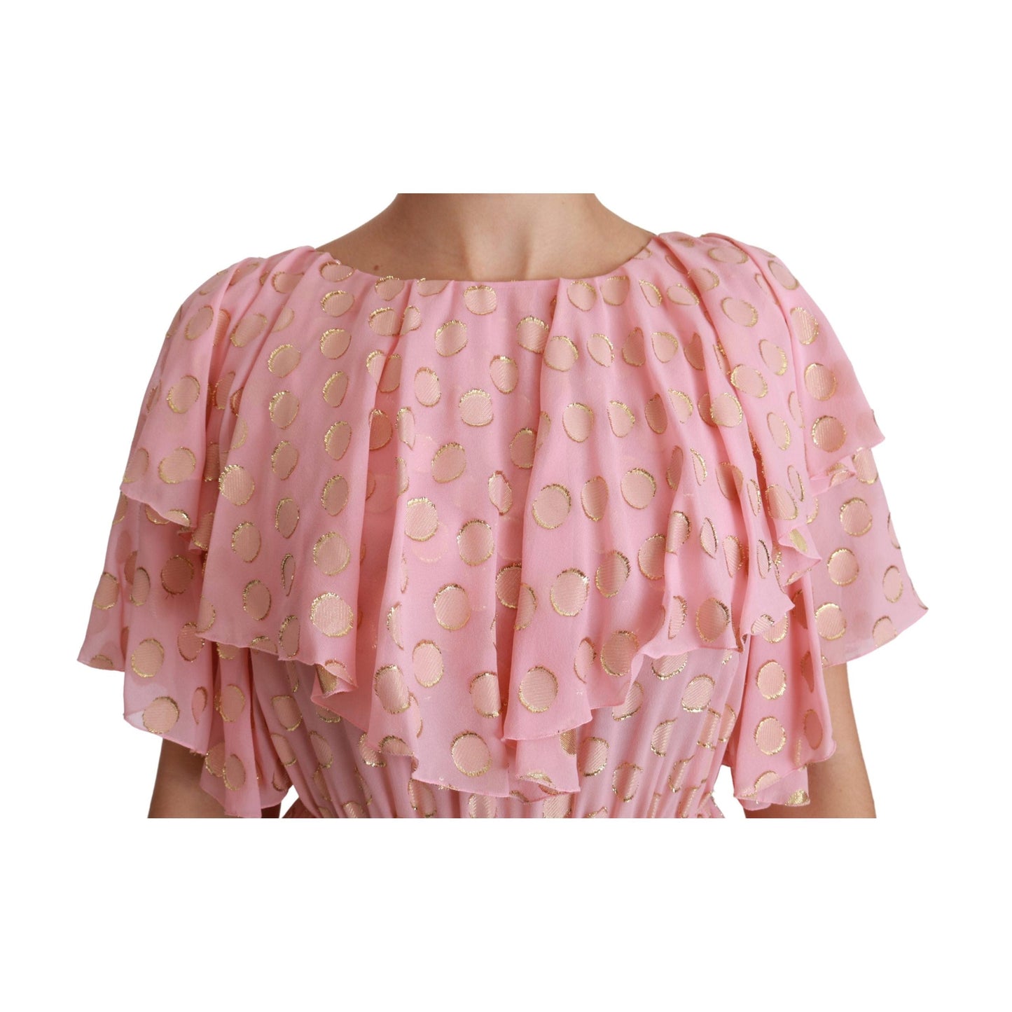 Silk Pink Polka Dots Pleated A-line Midi Dress
