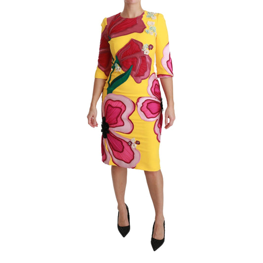Yellow Floral Crystal Bodycon Sheath Dress