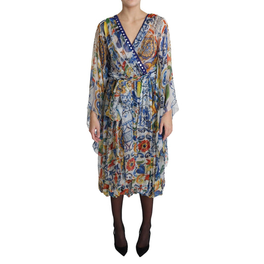 White Majolica Wrap Style Midi Silk Dress