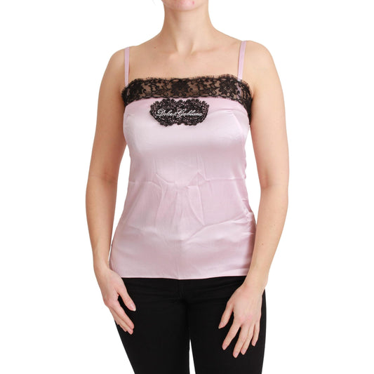 Silk Black Lace Top Pink Tank Blouse