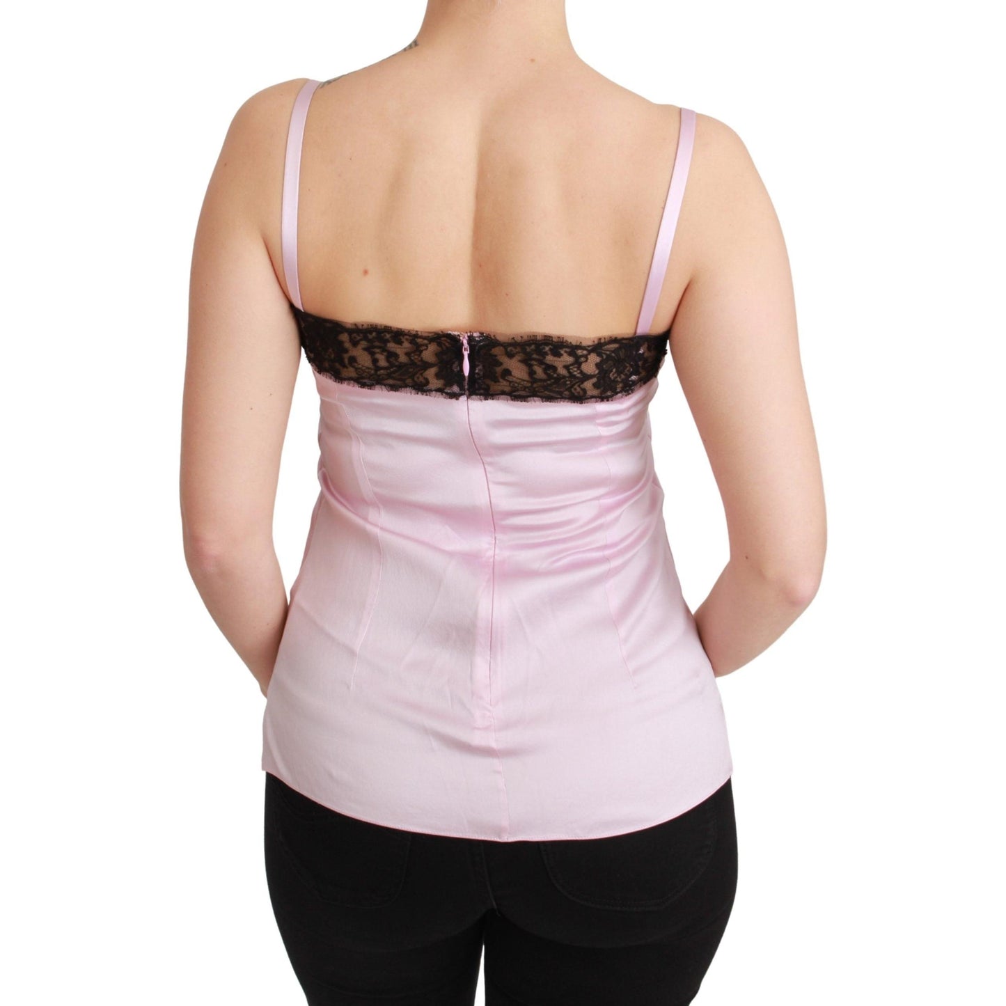 Silk Black Lace Top Pink Tank Blouse