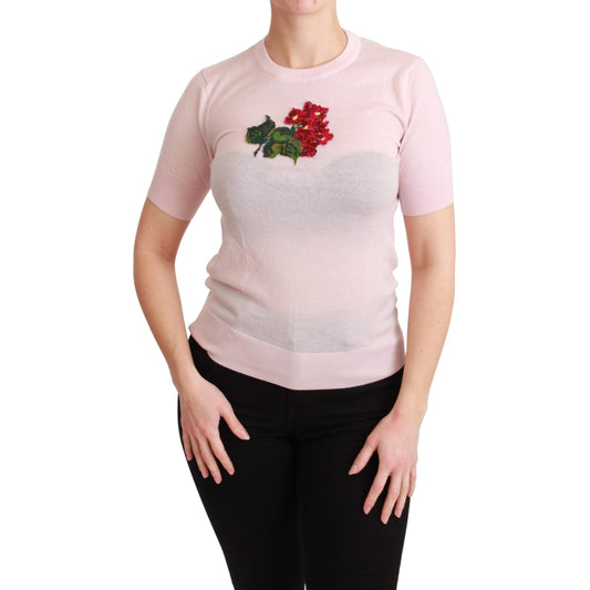 Pink Floral Embroidered Blouse Cashmere Top