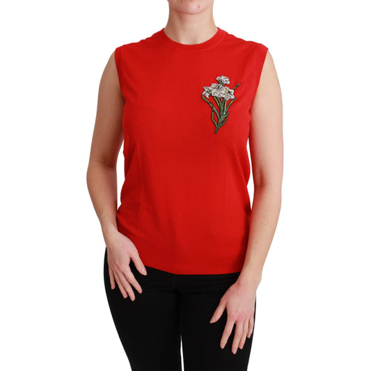 Red Tank Vest Crystal Flower Wool Top