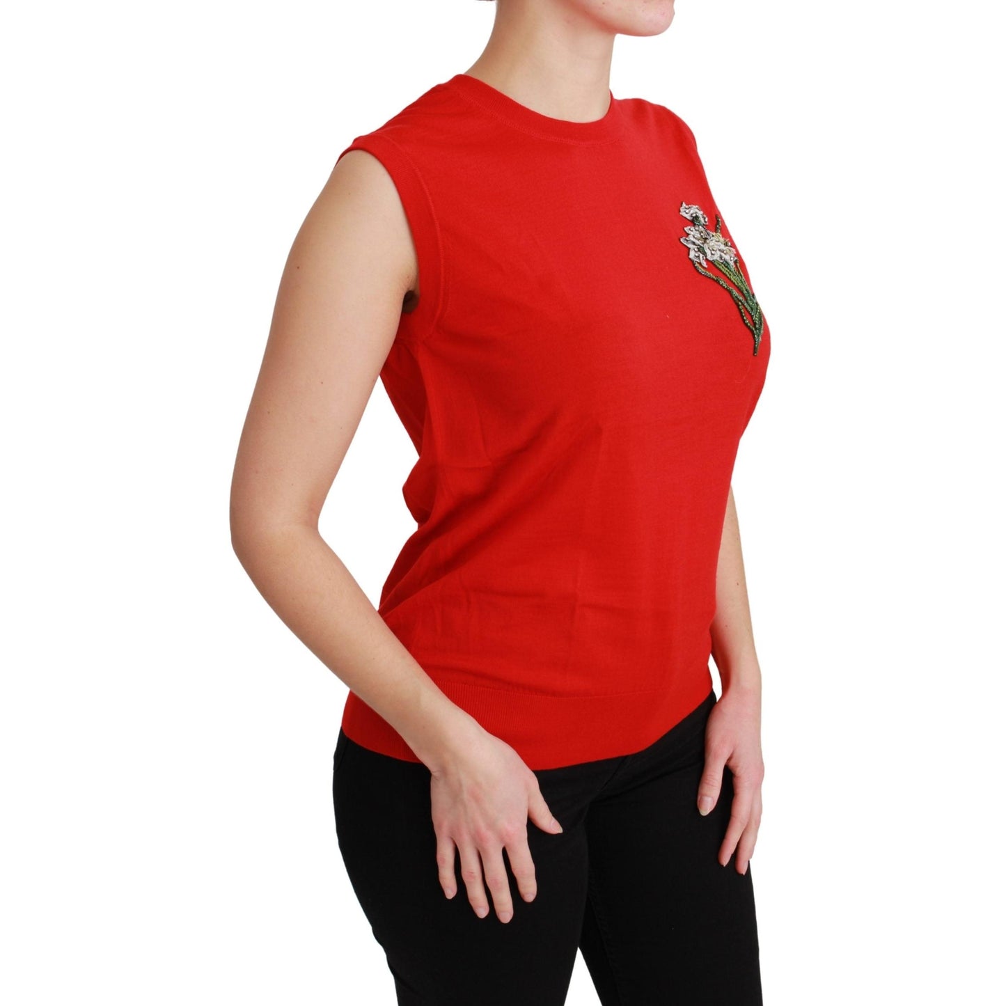 Red Tank Vest Crystal Flower Wool Top