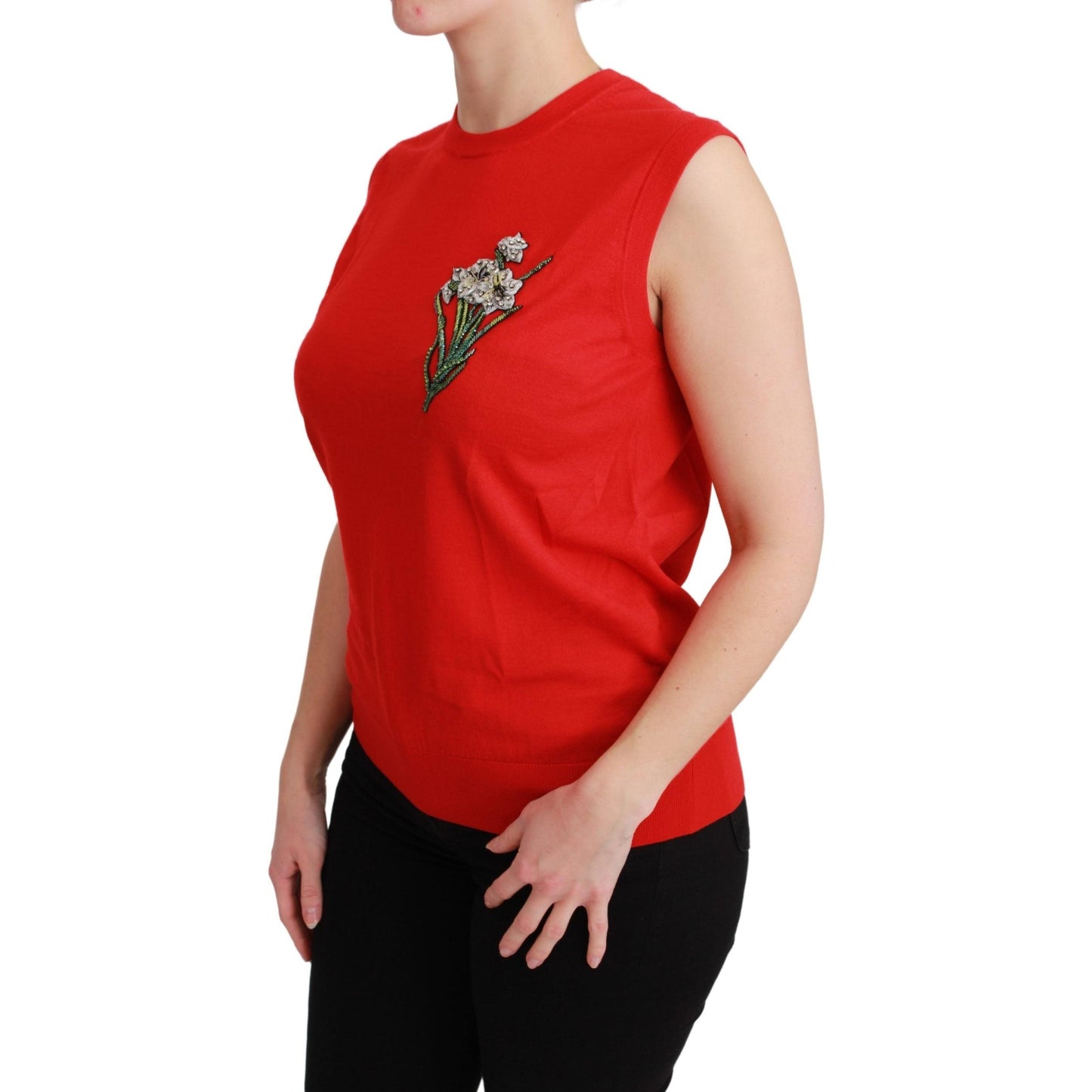 Red Tank Vest Crystal Flower Wool Top