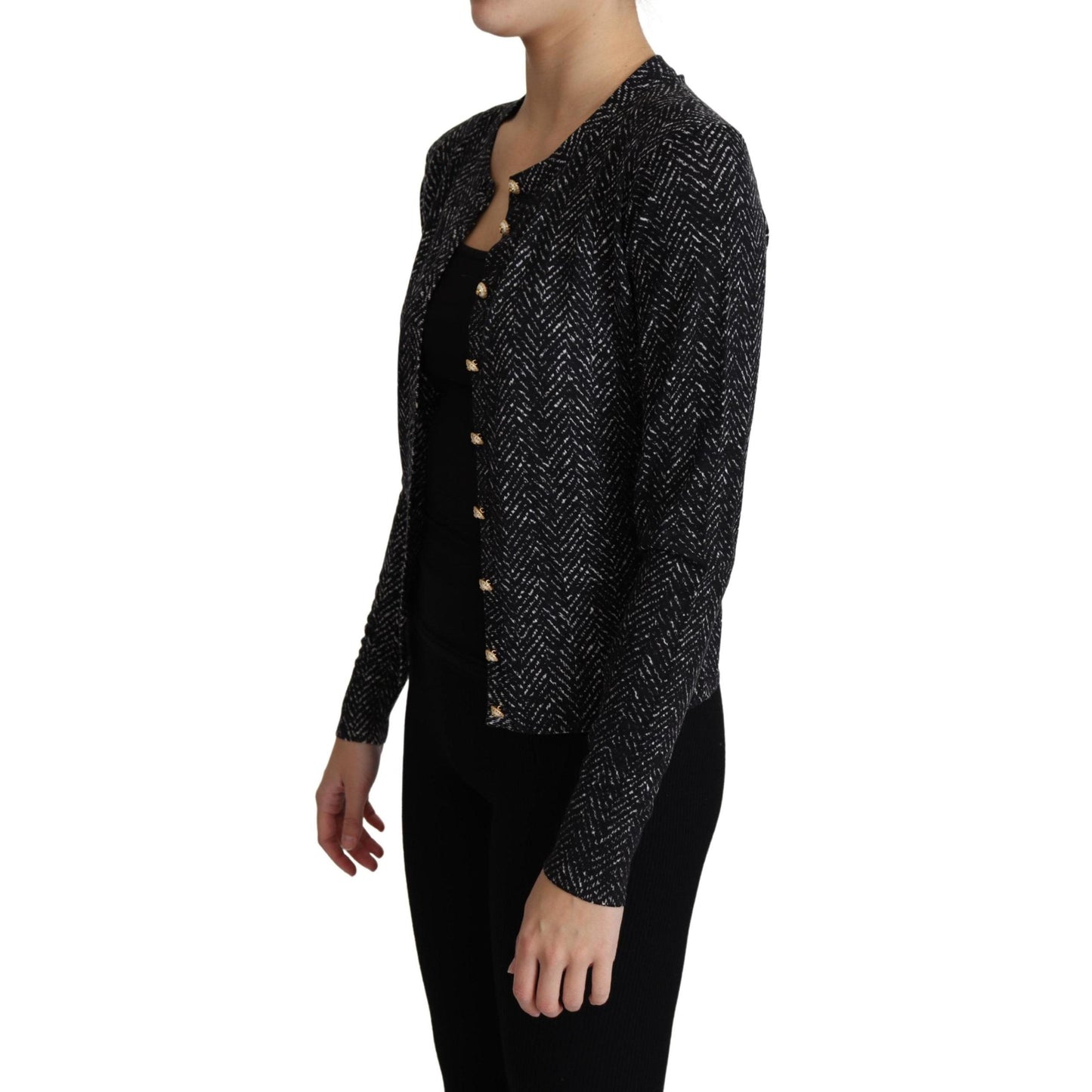 Gray Chevron Wool Ribbed Cardigan Sweater