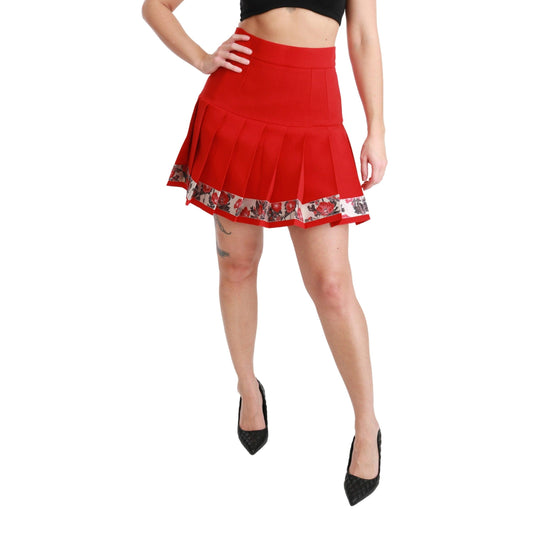 Red Wool High Waist Pleated Floral Skirt