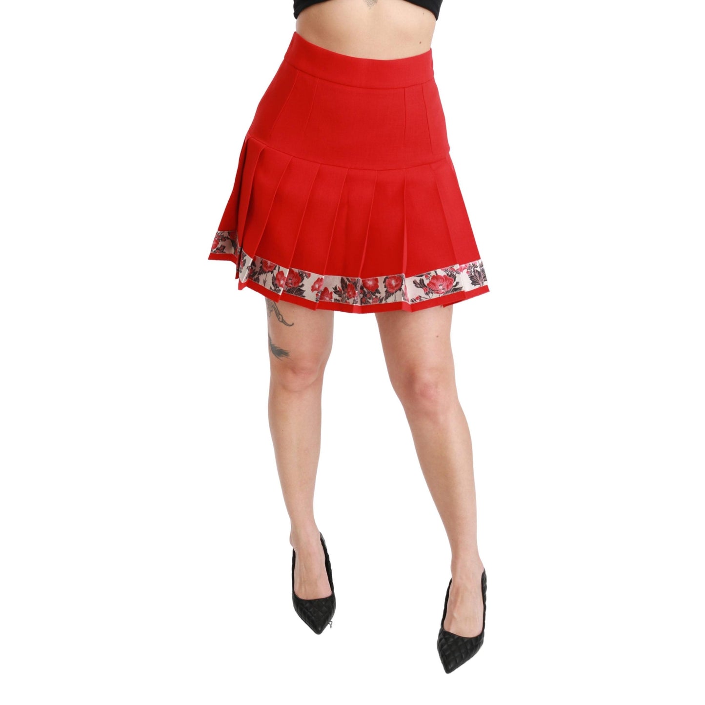 Red Wool High Waist Pleated Floral Skirt