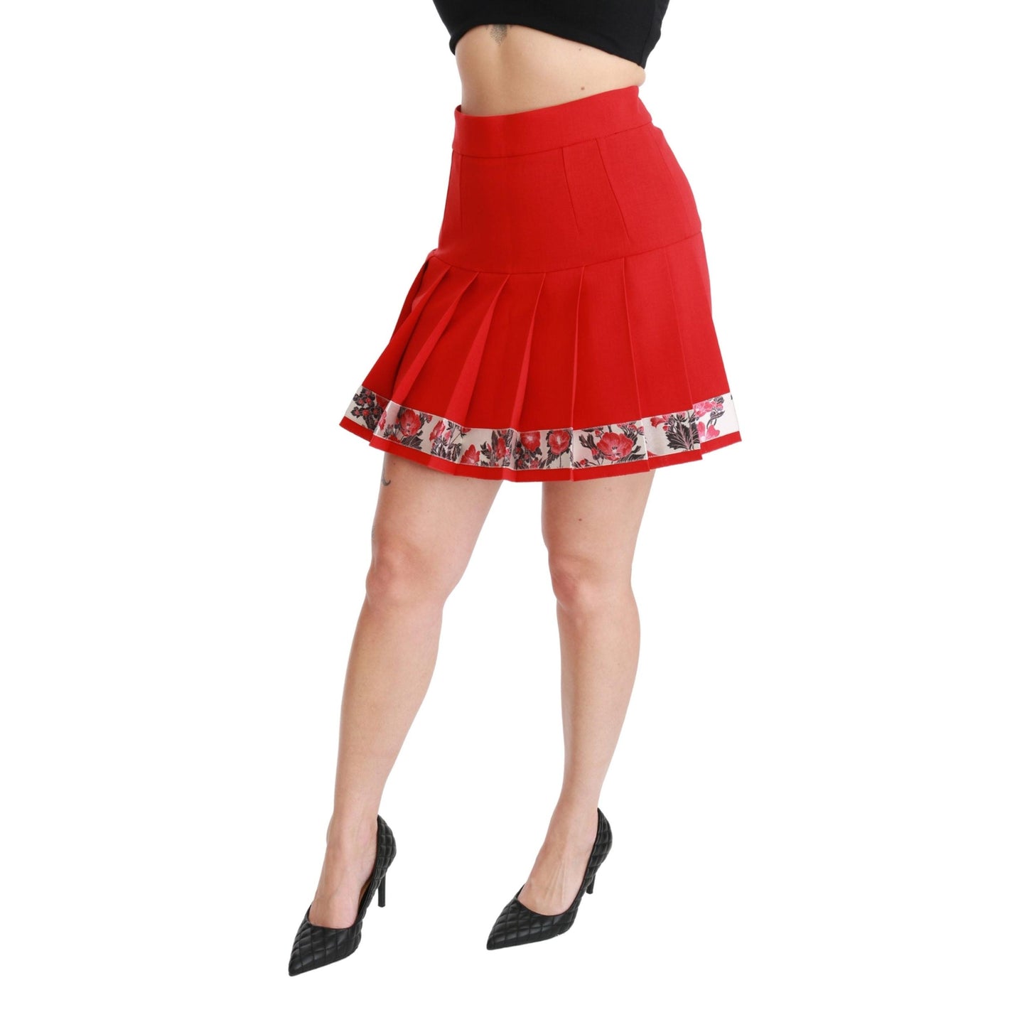 Red Wool High Waist Pleated Floral Skirt