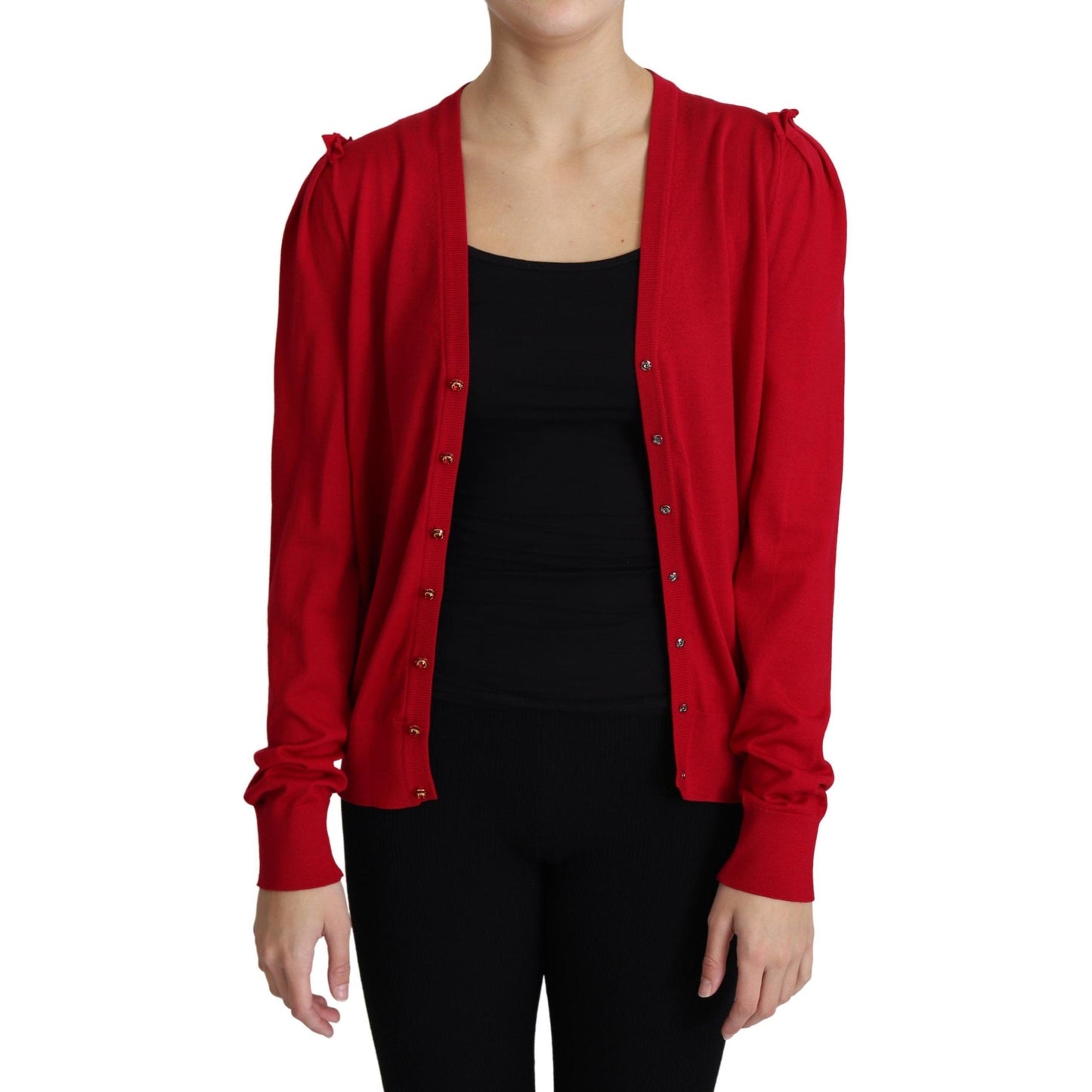 Red Wool Deep V-neck Women Cardigan Sweater
