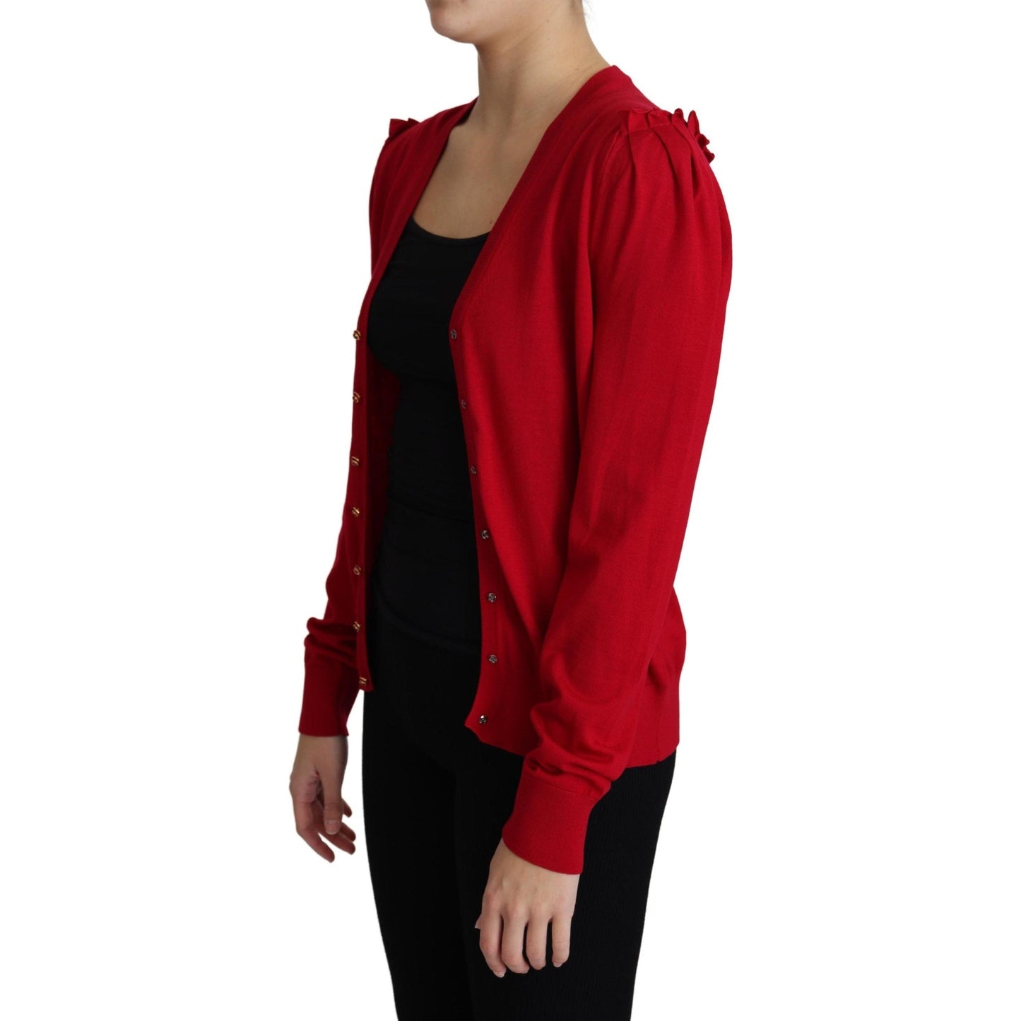 Red Wool Deep V-neck Women Cardigan Sweater