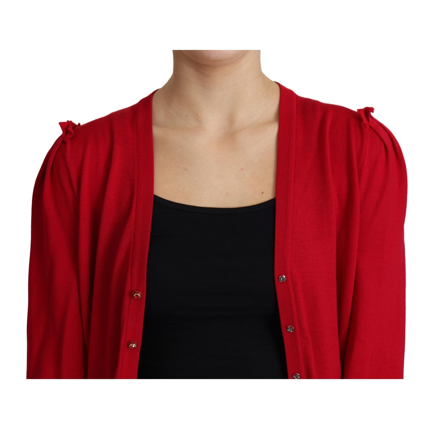 Red Wool Deep V-neck Women Cardigan Sweater