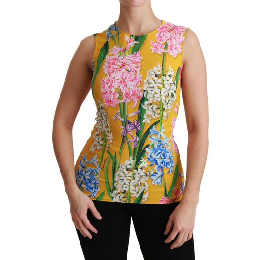 Yellow Floral Stretch Top Tank Blouse