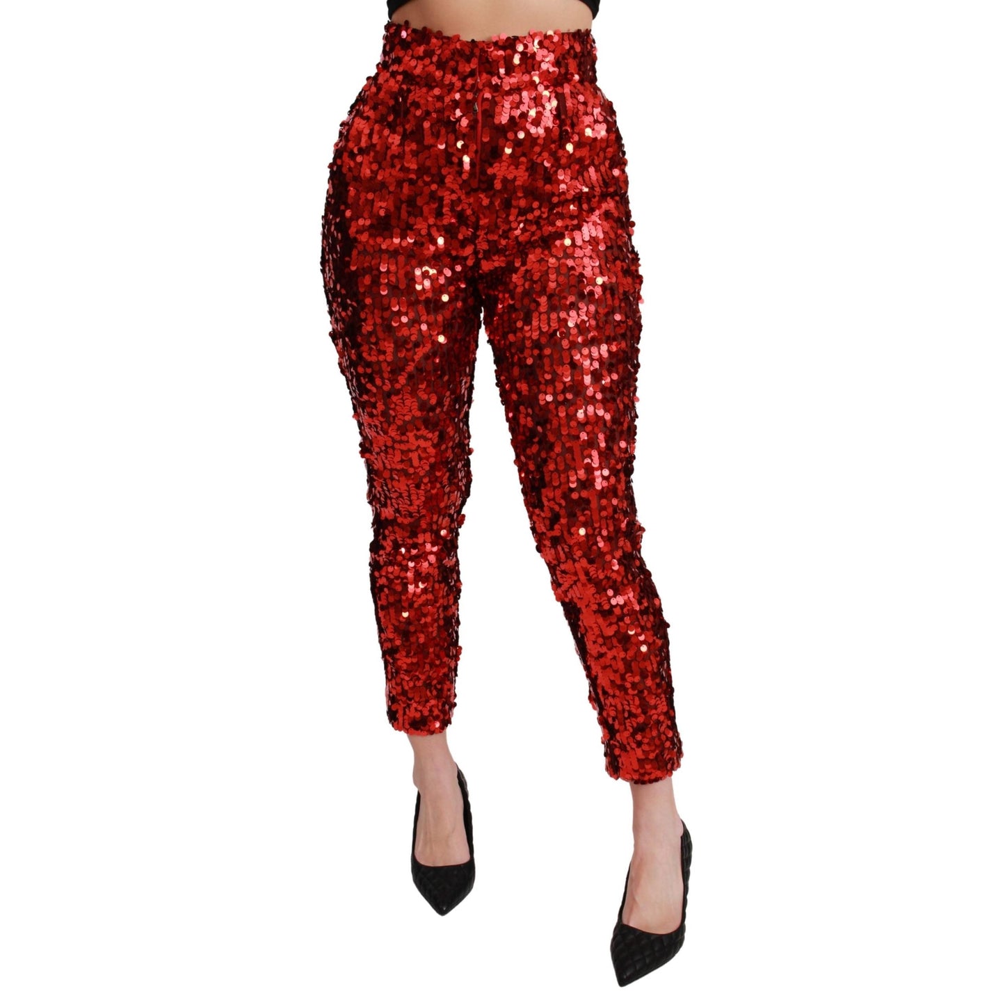 Red Sequined Cropped Trousers Pants