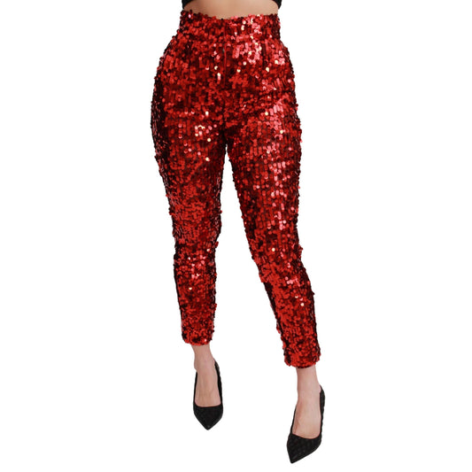 Red Sequined Cropped Trousers Pants