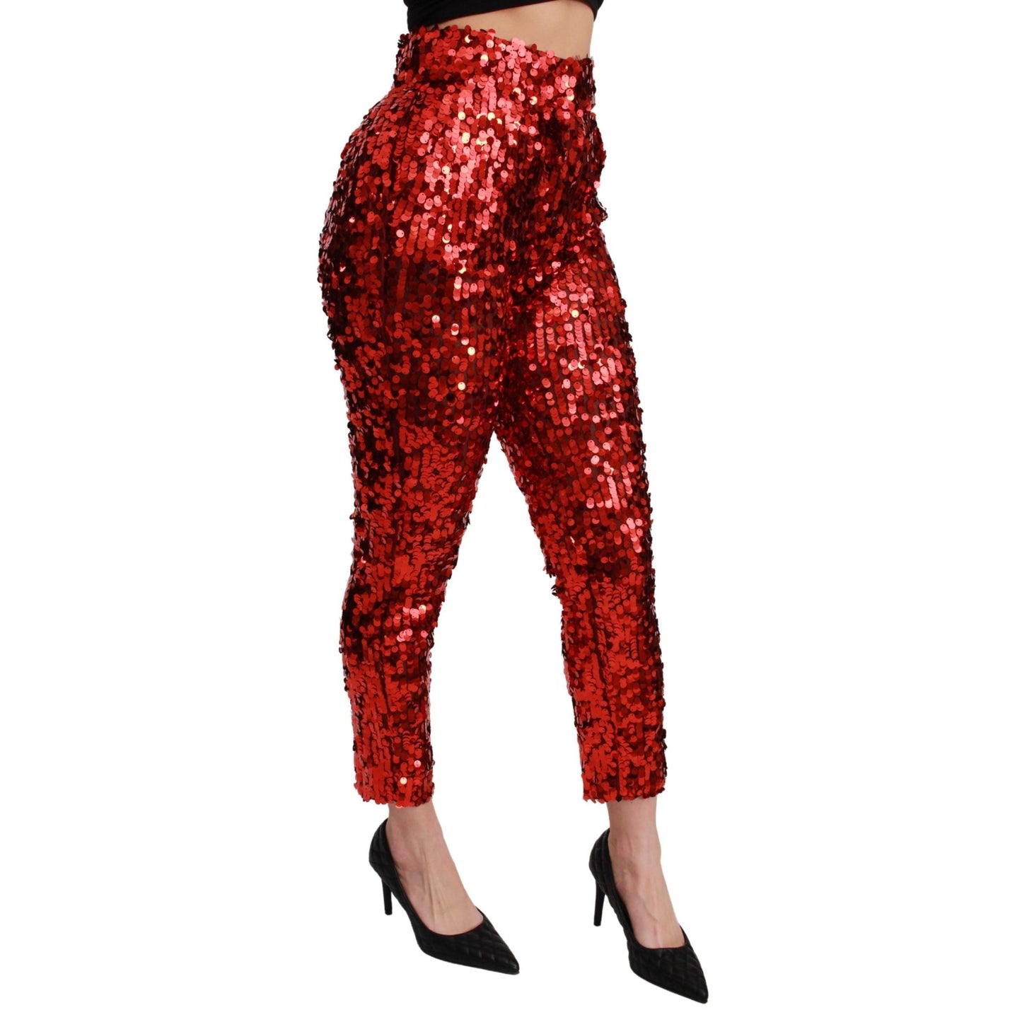 Red Sequined Cropped Trousers Pants