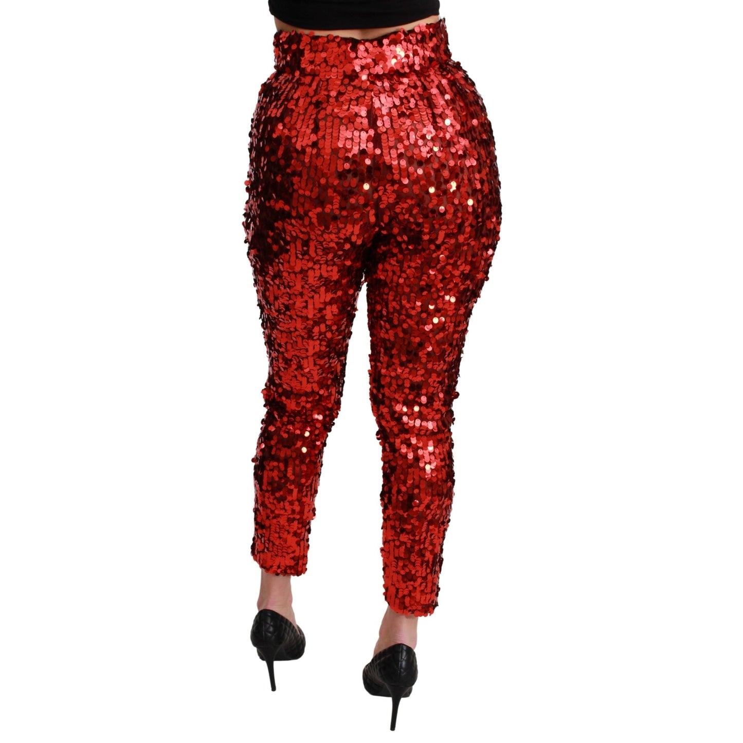 Red Sequined Cropped Trousers Pants