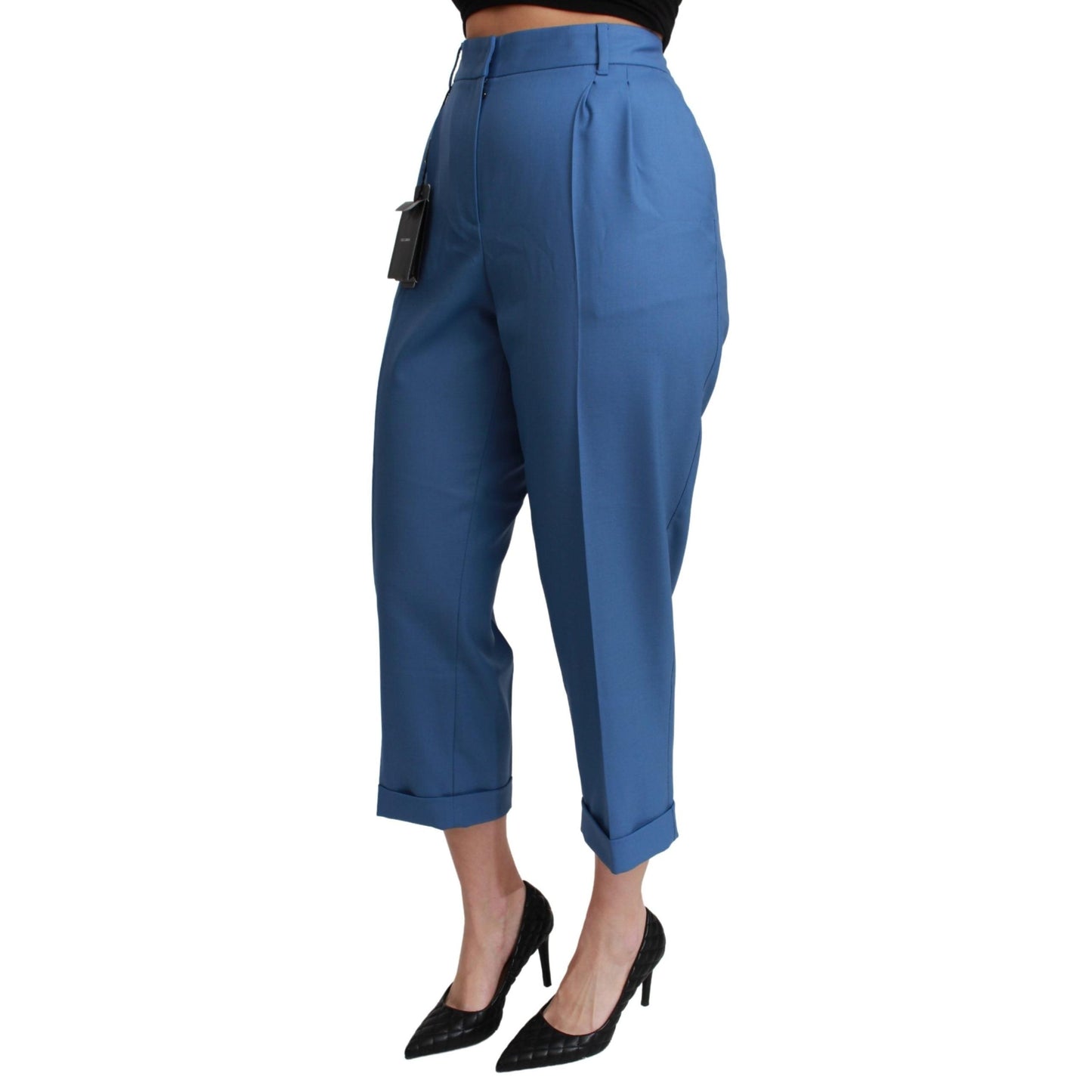 Blue Pleated Wool Cuffed Cropped Trouser Pants