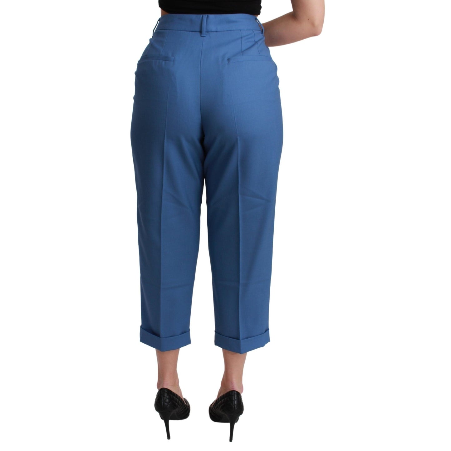 Blue Pleated Wool Cuffed Cropped Trouser Pants