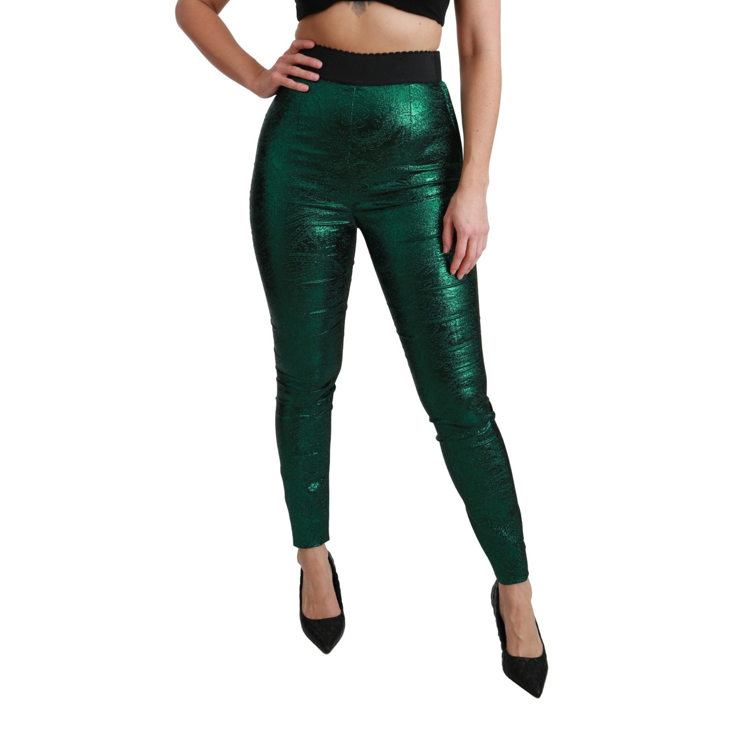 Green Jacquard High Waist Legging Stretch  Pants