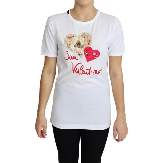 White San Valentino Heart Crystals T-shirt Top