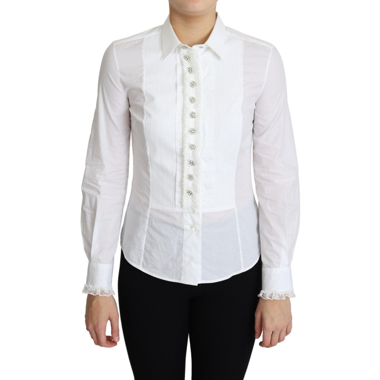 White Cotton Crystal Button Collared Top