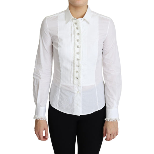 White Cotton Crystal Button Collared Top