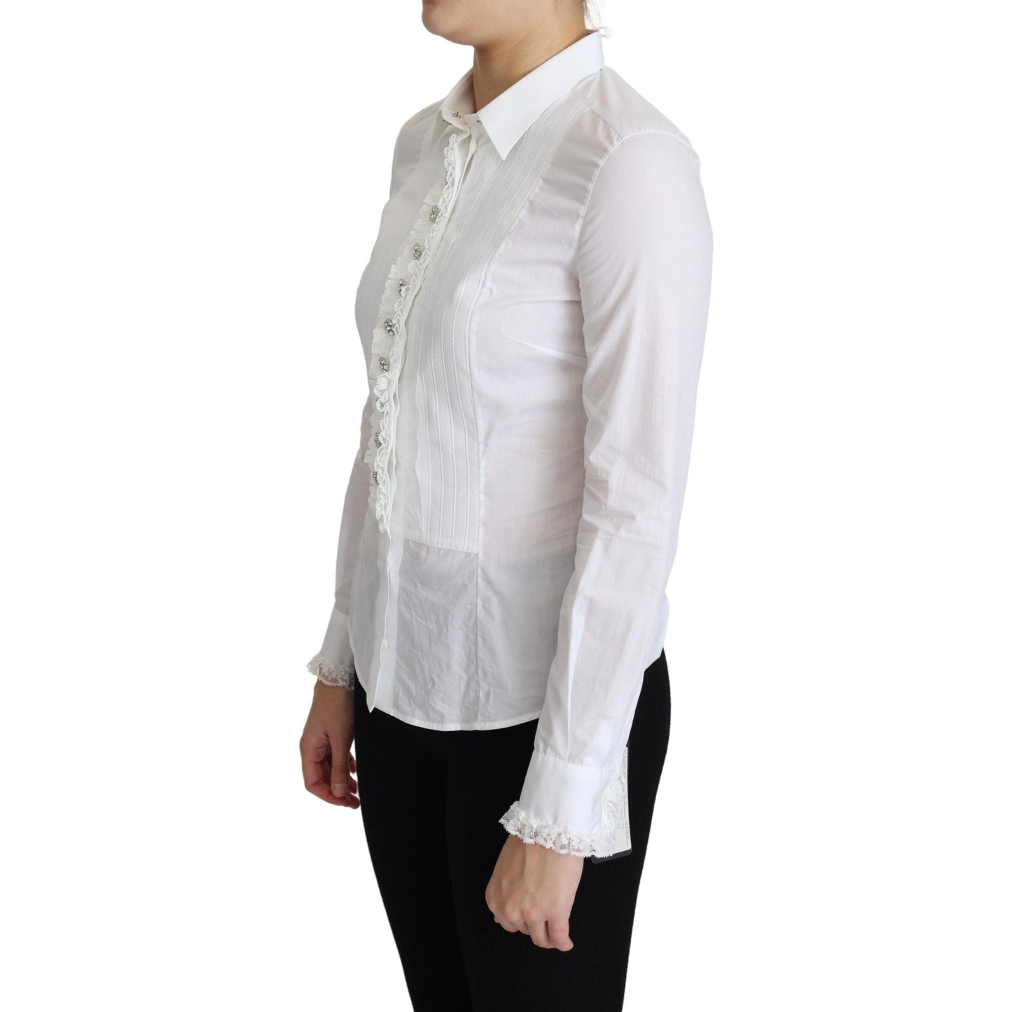 White Cotton Crystal Button Collared Top