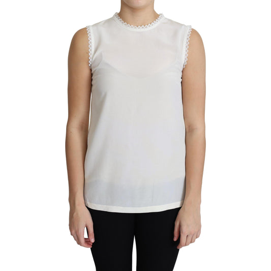 White Blouse Silk Lace Trimmed Sleeveless Top