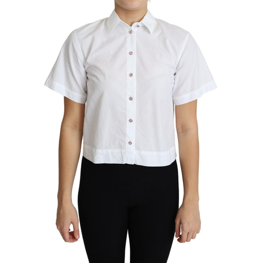 White Cotton Decorative Button Collared Top