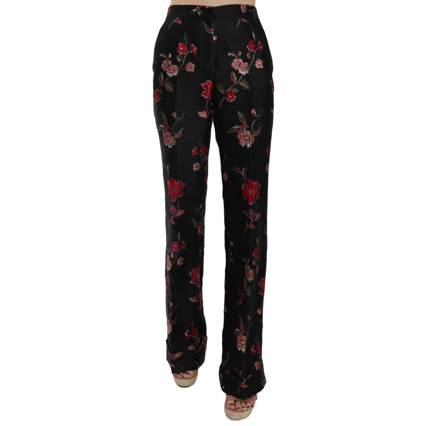 Floral Print Black Boot Cut Trouser Pants