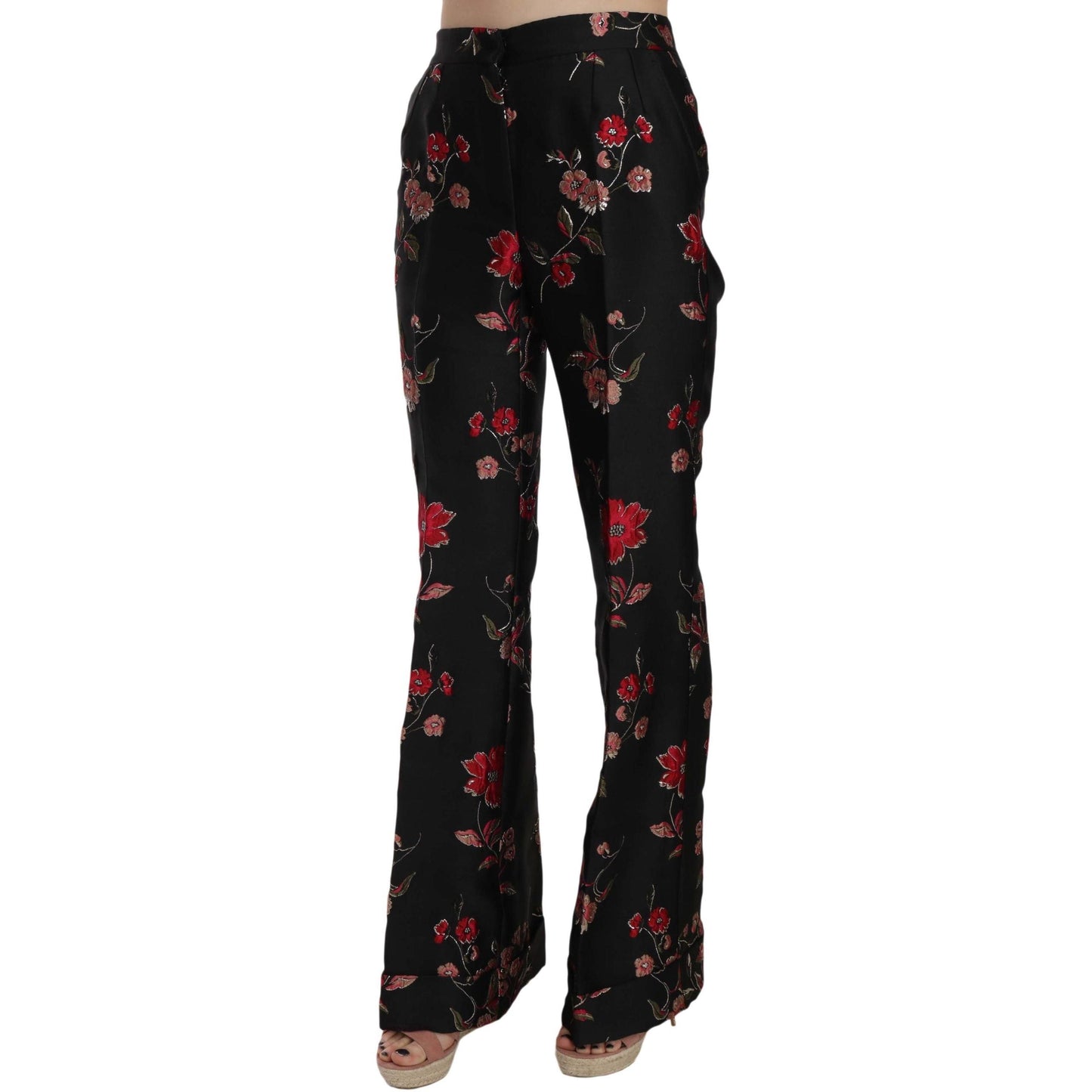 Floral Print Black Boot Cut Trouser Pants