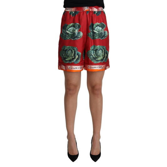 Red Cabbage Print Silk High Waist Shorts