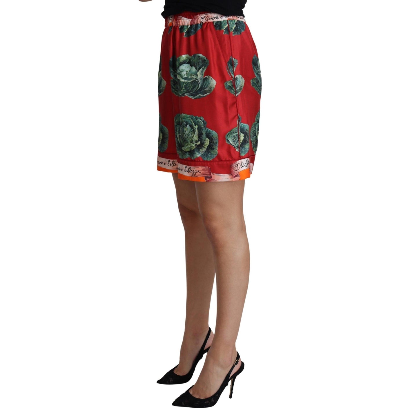 Red Cabbage Print Silk High Waist Shorts