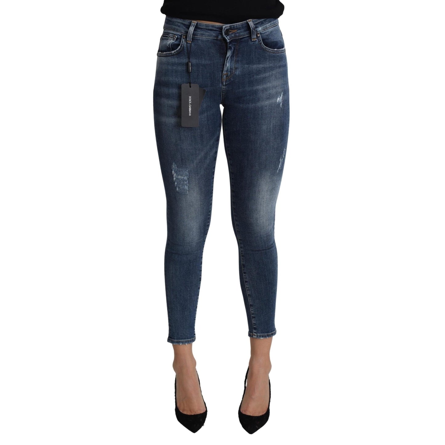 Blue Cotton Distressed Cropped Slim Denim Jeans