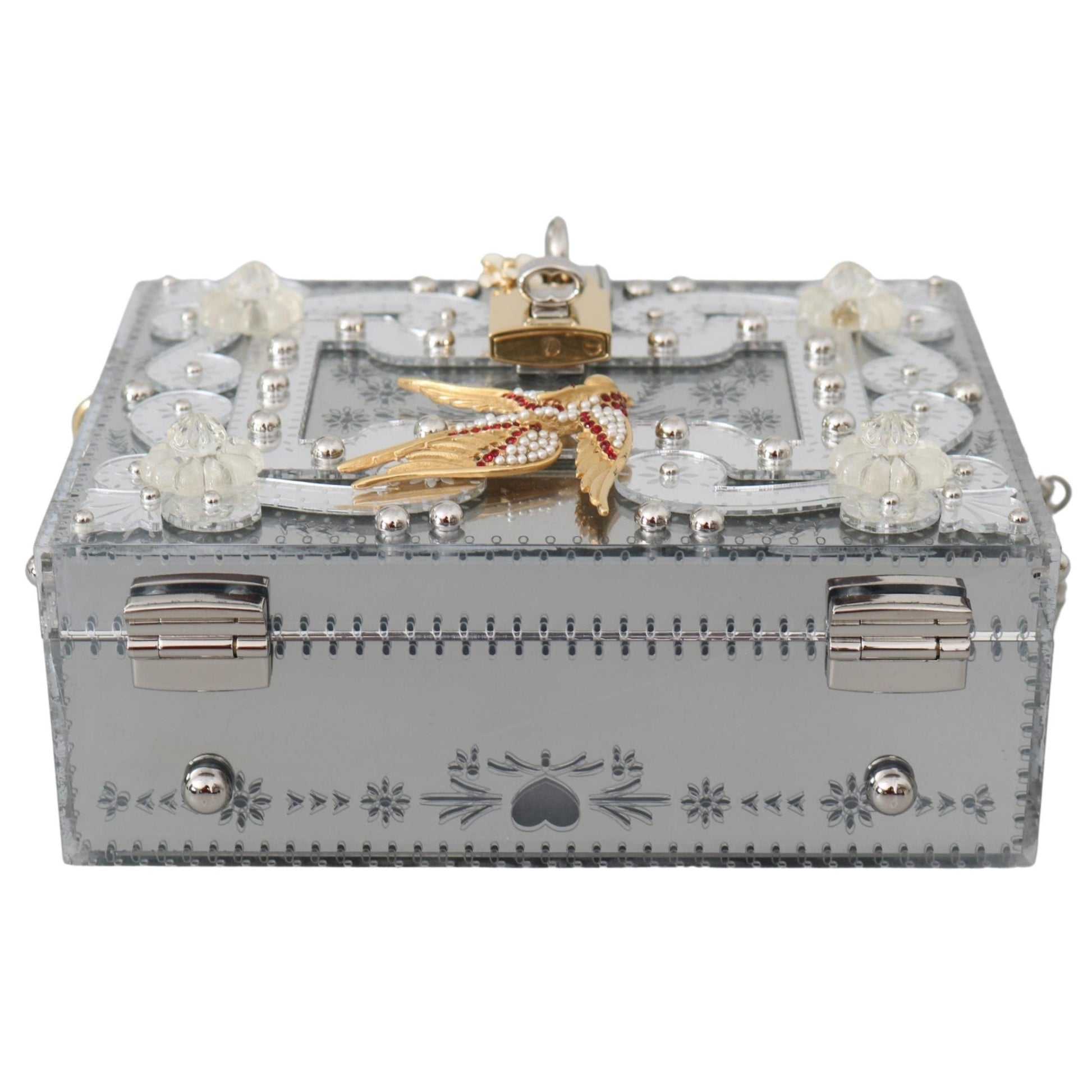 Silver Floral Padlock Sling Clutch Crystal BOX Bag - coffeewithmee2