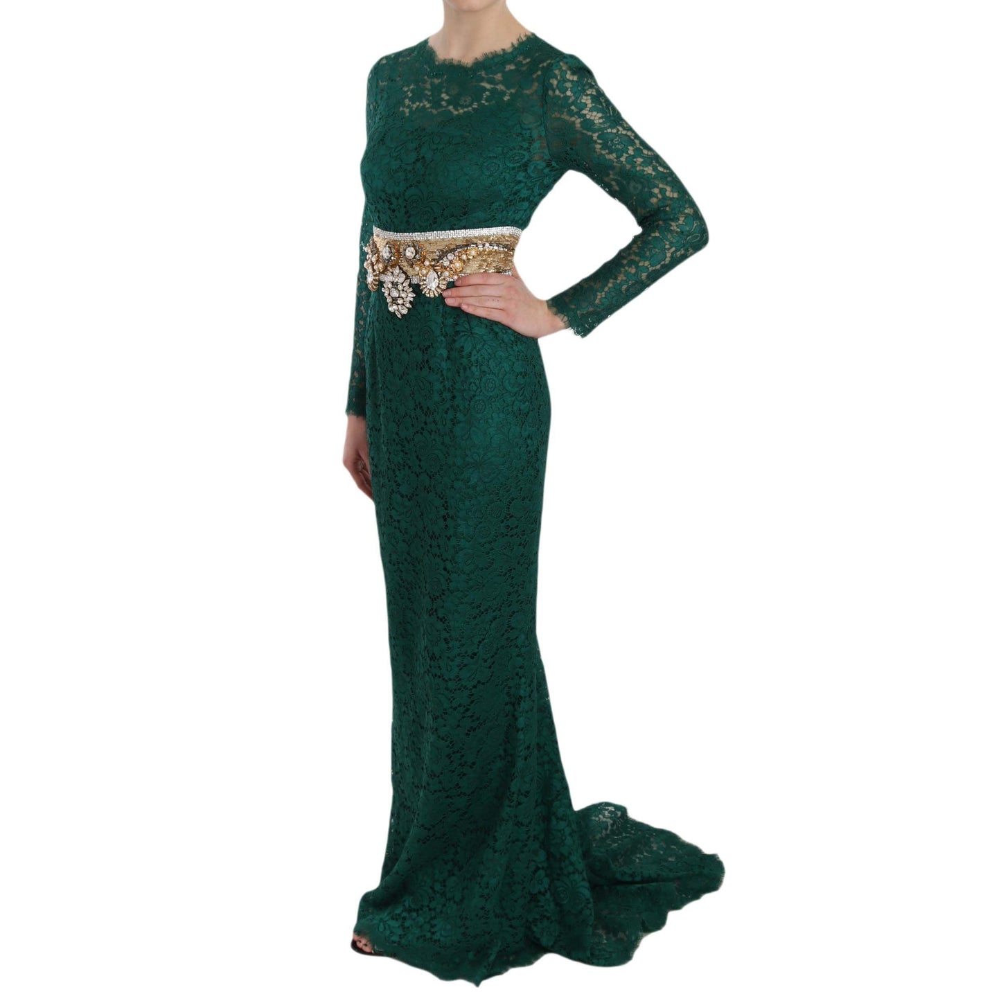 Crystal Gold Belt Lace Sheath Gown Dress