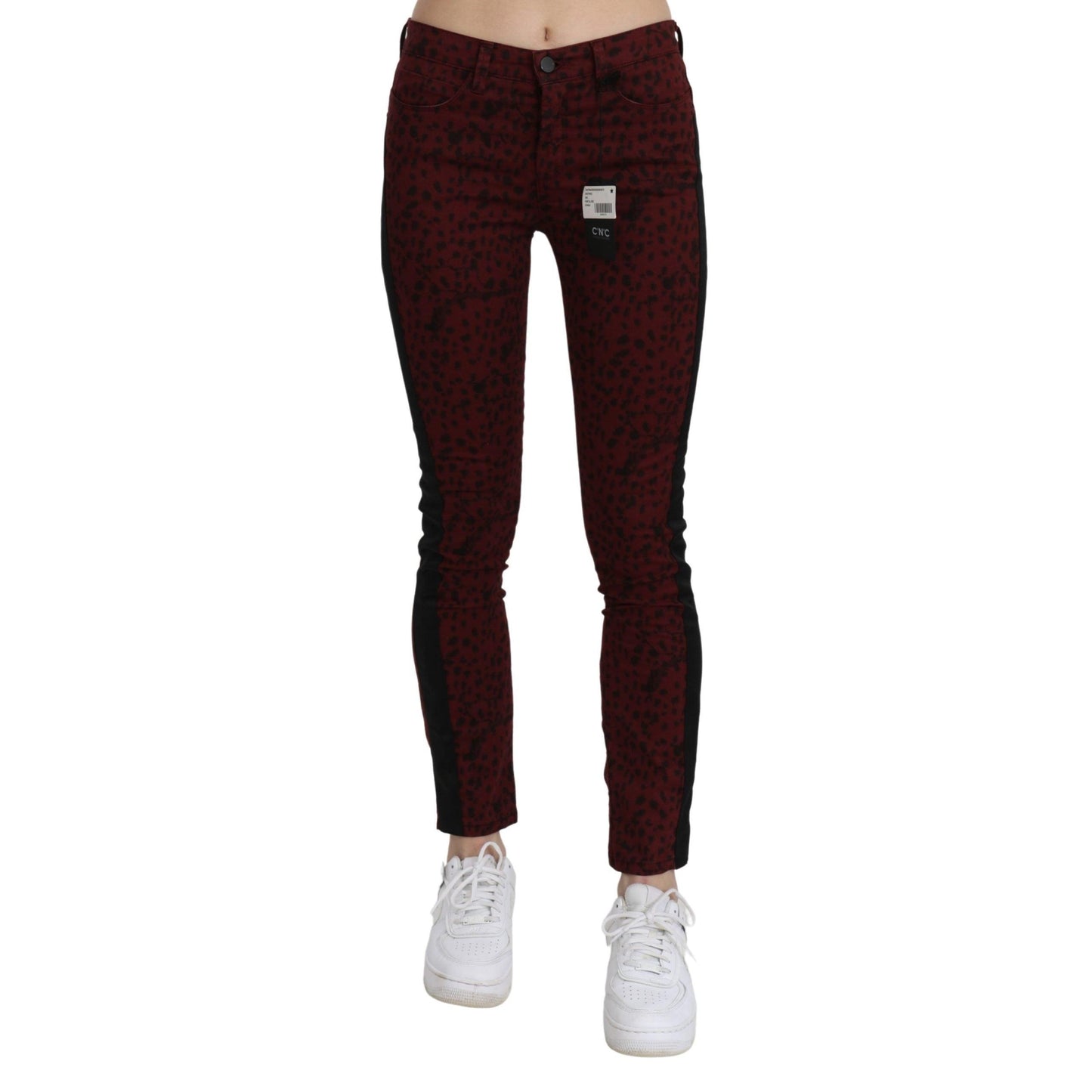 Dark Red Mid Waist Slim Fit Cotton Jeans