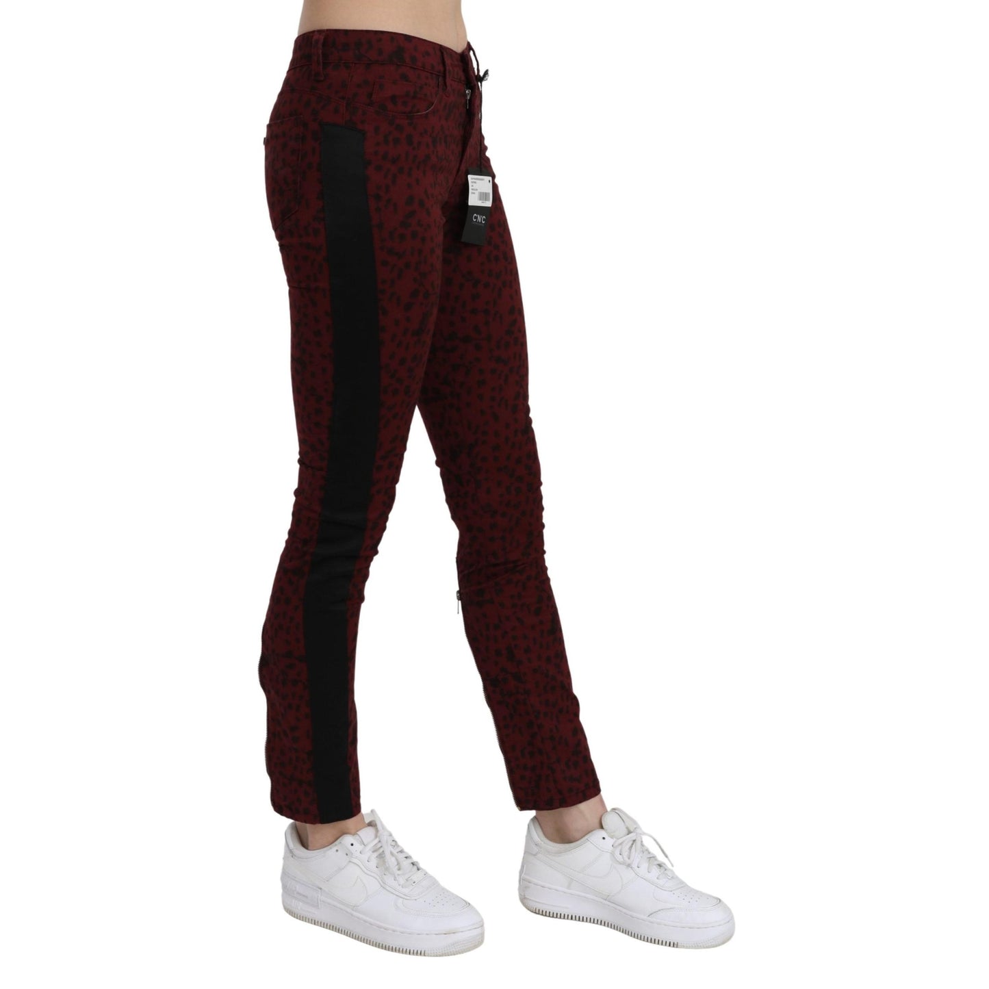 Dark Red Mid Waist Slim Fit Cotton Jeans