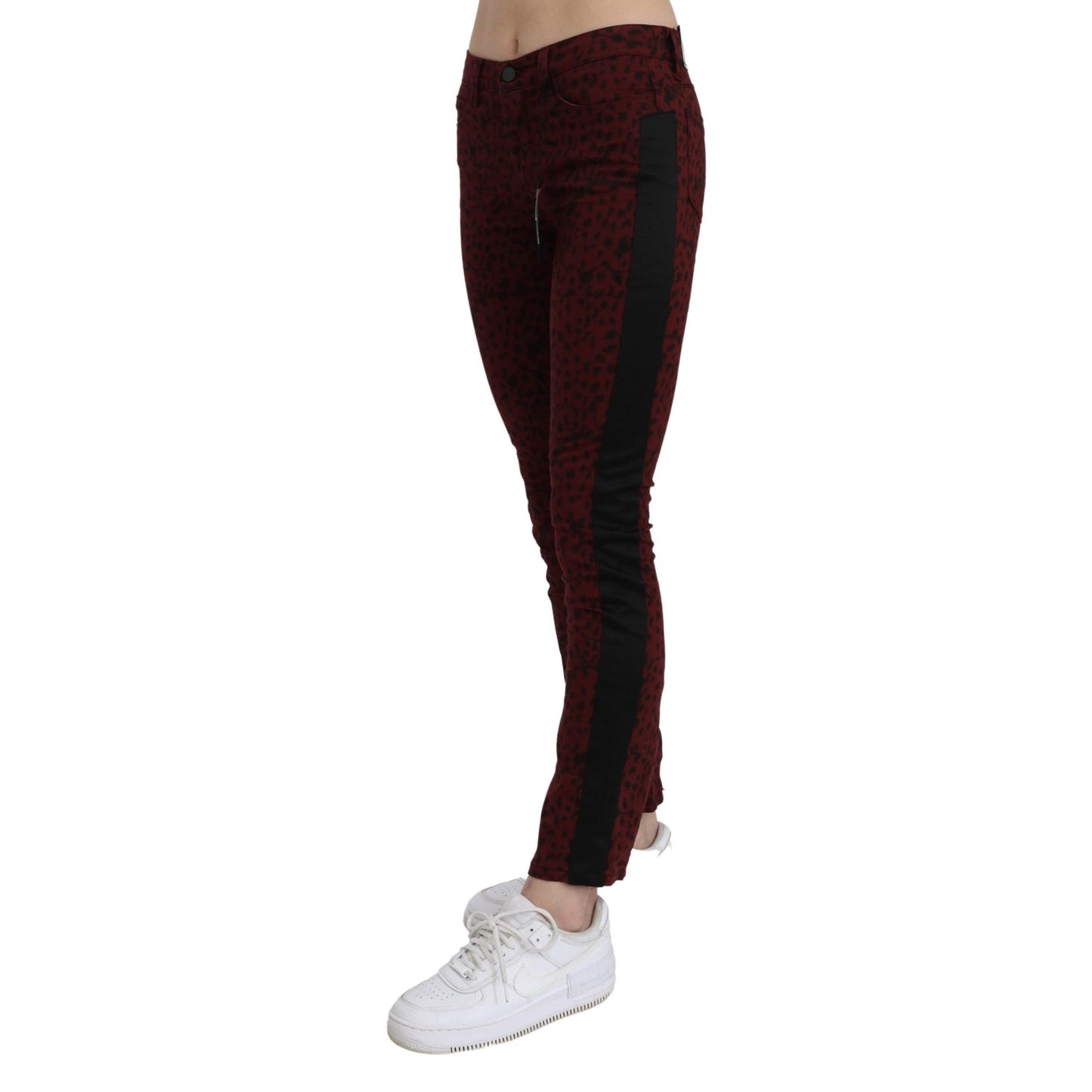 Dark Red Mid Waist Slim Fit Cotton Jeans