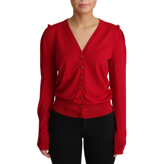 Red Wool Deep V-neck Women Cardigan Sweater