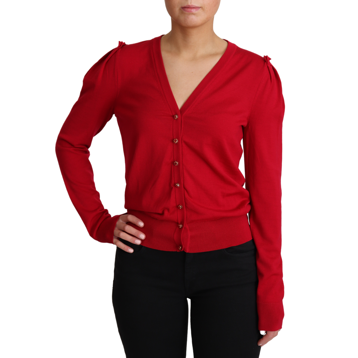 Red Wool Deep V-neck Women Cardigan Sweater