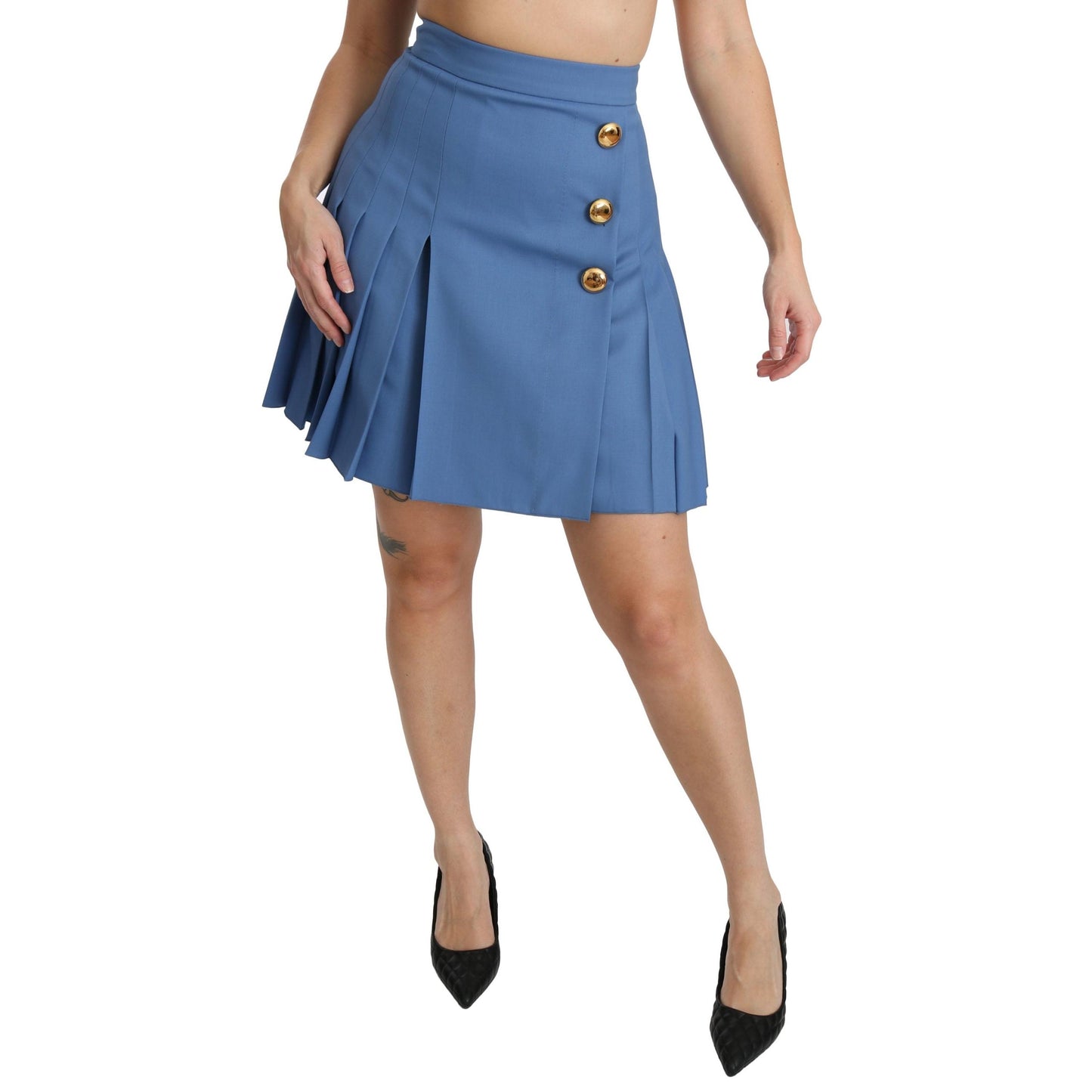 Blue Pleated High Waist Mini Wool Skirt