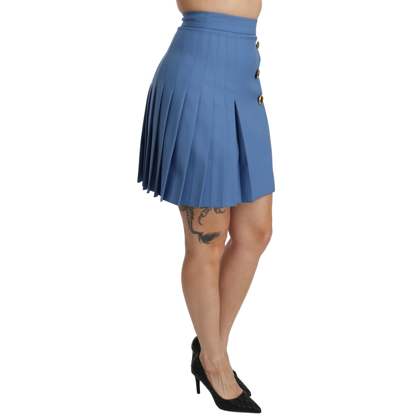 Blue Pleated High Waist Mini Wool Skirt