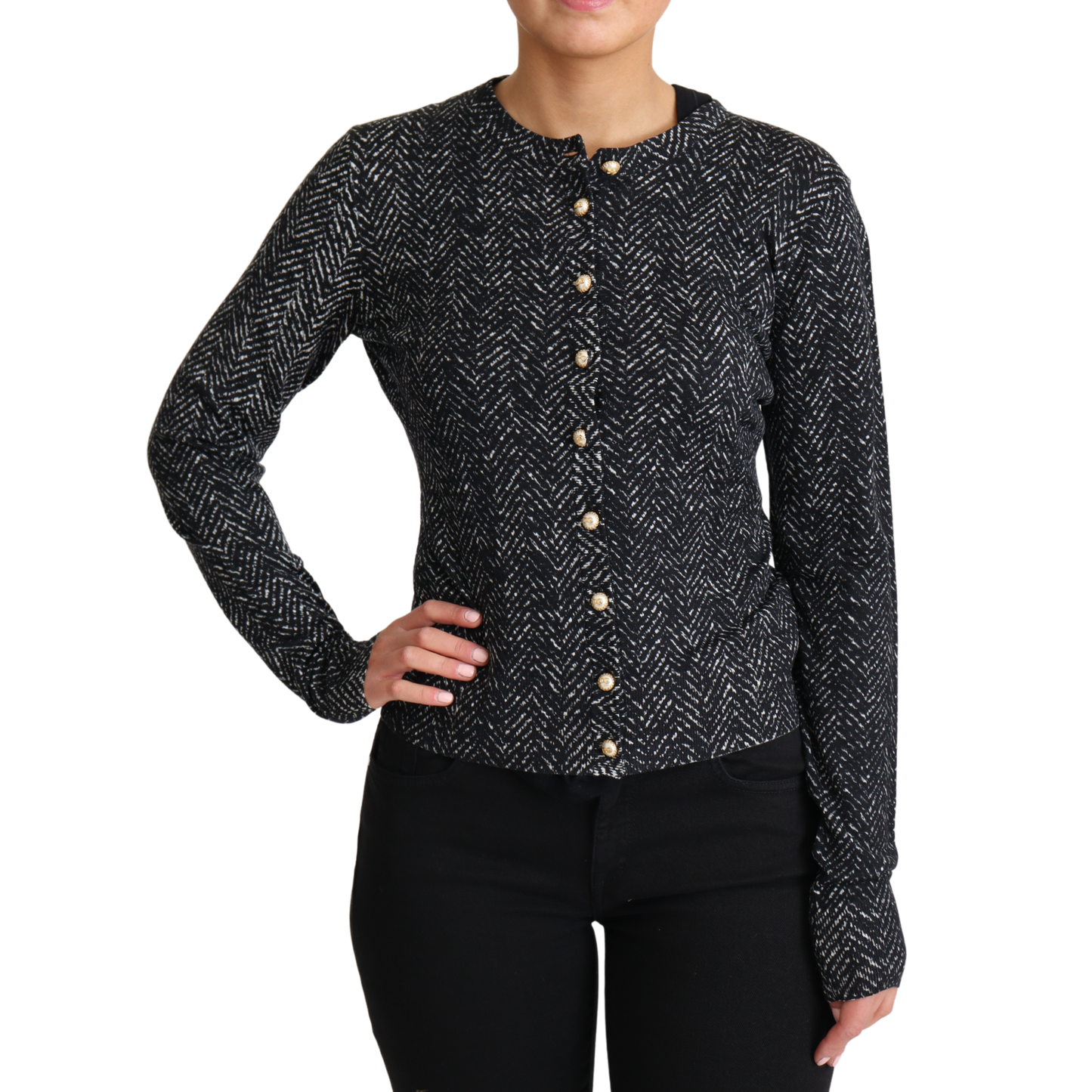 Gray Chevron Wool Ribbed Cardigan Sweater