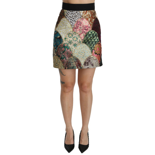 Green Pink Jacquard High Waist Mini  Skirt