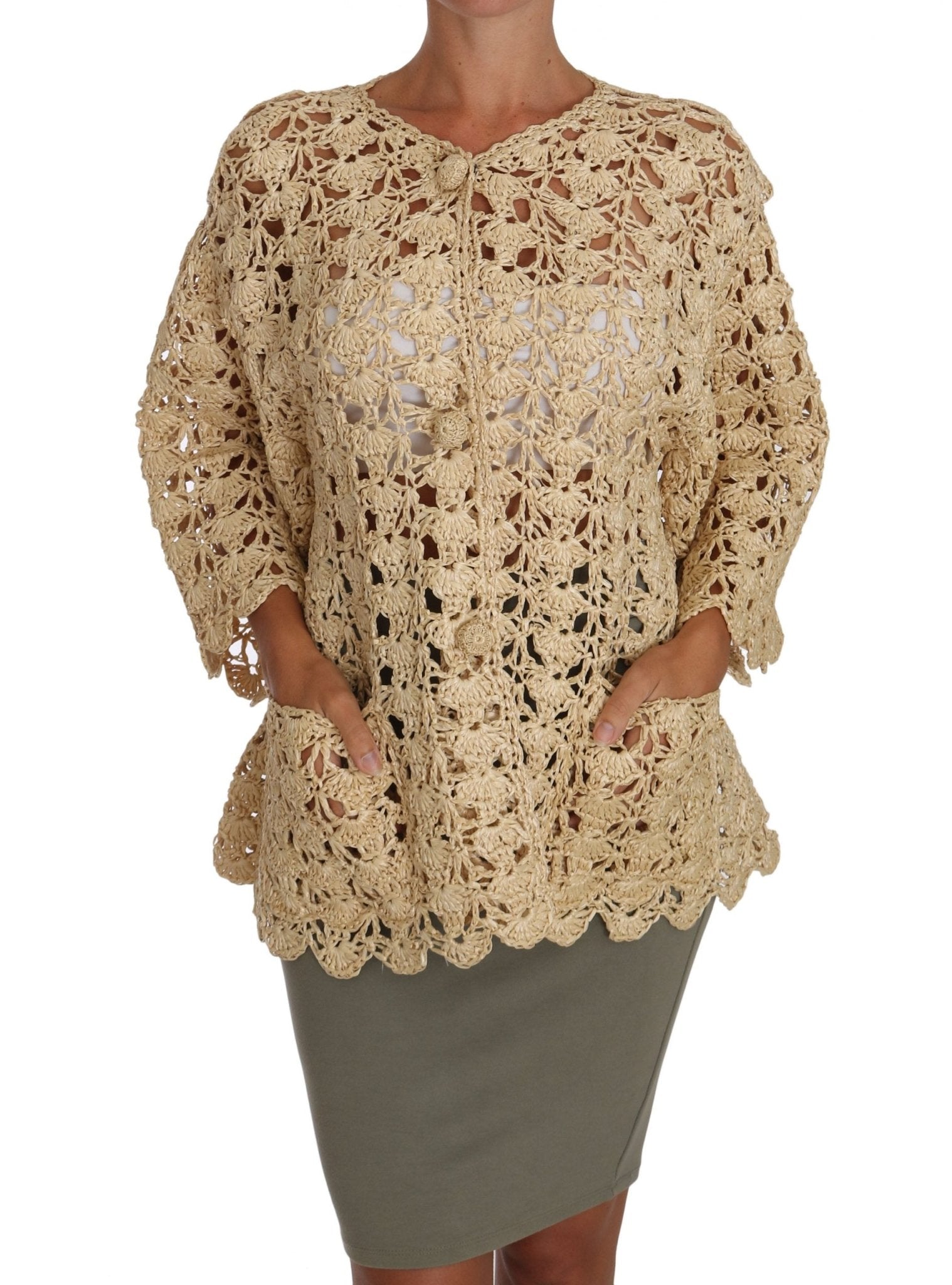 Beige Cardigan Crochet Knitted Raffia Sweater - coffeewithmee2Dolce & GabbanaP1450S