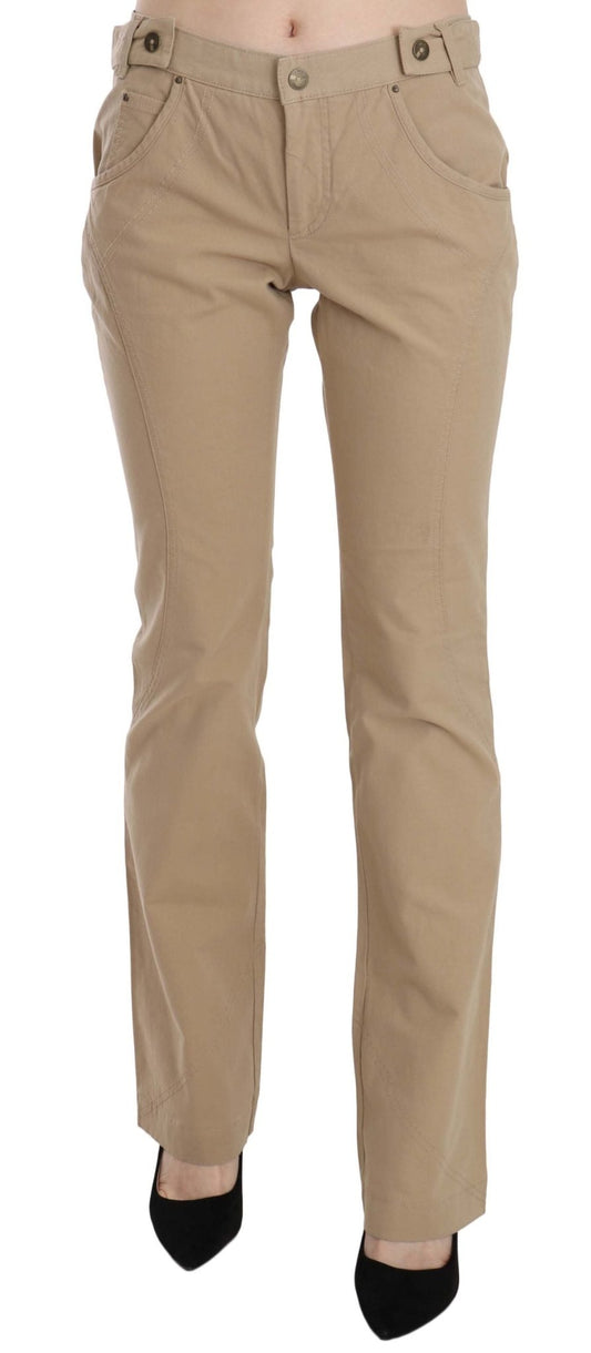 Beige Cotton Mid Waist Straight Trousers Pants - coffeewithmee2Just CavalliP2329S