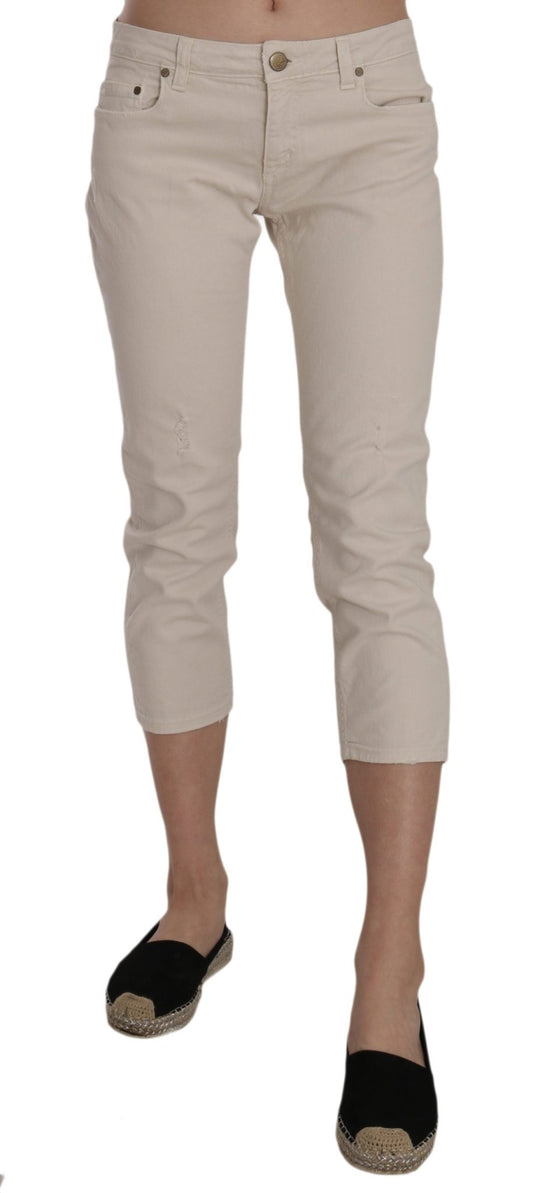 Beige Cotton Stretch Low Waist Skinny Cropped Capri Jeans - coffeewithmee2DondupP2270S